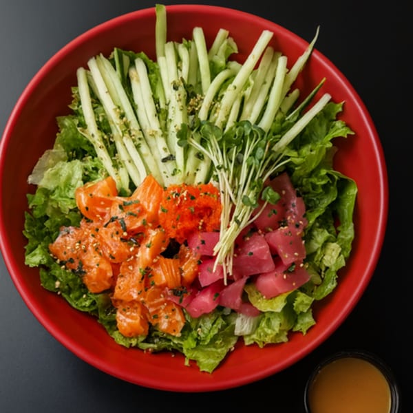 A vibrant poke bowl with salmon, tuna, tobiko, and fresh greens in a red bowl.