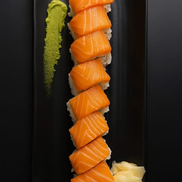 Salmon sushi rolls with wasabi and ginger on a black rectangular plate.