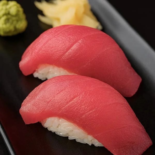Two pieces of red tuna nigiri sushi with wasabi and pickled ginger on a black plate.