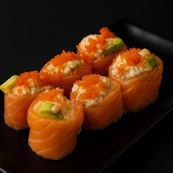 Six salmon sushi rolls with rice, avocado, and orange tobiko on a black plate.